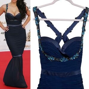 Faviana Couture Stunning Navy Blue Beaded Mermaid Semi Sheer Formal Gown Size 4